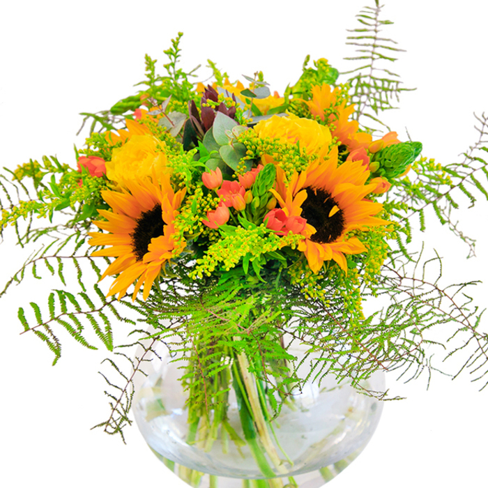 The first impression of this bouquet evokes the exuberant light and community spirit of Holborn, with sunflowers and yellow roses gleaming side by side in all their glory. Each sunflower stands proud and open, its center a deep, velvet brown surrounded by rays of fiery gold-a vivid reminder of Bloomsbury's garden patches at their peak. Swirling among are silken yellow garden roses, their petals intricately layered, unfurling in luxurious curves. Scarlet hypericum berries nestle within the greenery, beading the composition with brilliant flashes of color that charm and surprise. The arrangement is lush with foliage: delicate fern fronds evoke walks along Great Ormond Street's green corners, while lighter, airy fillers sprinkled with tiny yellow buds enhance the sense of abundance and texture. Slender, powdery eucalyptus leaves with blue-green tones sneak through, adding freshness and a subtle, refreshing aroma. The round vase at the base reveals cleanly cut stems arranged in pure water, accentuating the bouquet's structural grace and the Holborn florist's artistic touch. Bathed in bright, diffused light, the bouquet radiates warmth and a sense of welcome-a beautiful choice for birthdays, anniversaries, or uplifting city living spaces in Holborn and surrounding areas.