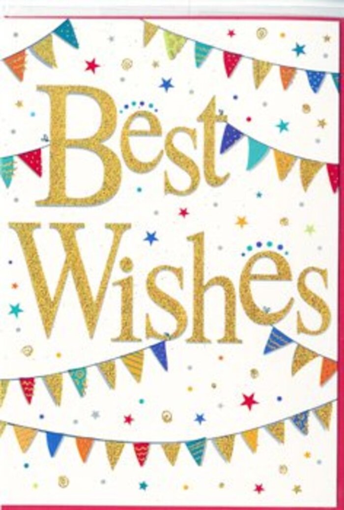 This "Best Wishes" card is designed like a tiny celebration on paper, perfectly suited to the busy but warm atmosphere of Holborn's offices and townhouses. The canvas of the card is a clean white, giving everything a fresh, uncluttered appearance. In the centre, the words "Best Wishes" are written in a flowing gold script that looks both elegant and inviting. The letters appear slightly raised, suggesting an embossed or foil-stamped finish that would catch the ambient light in a Holborn studio or office, glinting gently as you walk past. Anchoring the design, arcs of bunting sweep across the top and bottom portions of the card, framing the central phrase like festive garlands. The pennants are small triangles strung closely together, rendered in an array of saturated colours-ruby red, sapphire, emerald, marigold, amethyst, and teal. Some flags are simple blocks of colour, while others carry tiny decorative patterns, including fine stripes, cheerful polka dots, and mosaic-like prints, reminiscent of a carefully curated set of party decorations chosen for an after-work celebration near Chancery Lane. Sprinkled throughout the remaining space are little starbursts and confetti dots that echo the bunting's palette. These miniature details vary in size and spacing, suggesting a sense of movement, as though the stars and dots are floating slowly through the air. The balance of white space with bursts of colour keeps the card from feeling busy, maintaining a polished, modern look that still feels warm and personal. The emotional tone is upbeat and encouraging-perfect for congratulating a colleague on a promotion, celebrating a graduation, or sending best wishes as someone starts a new role in one of Holborn's creative or legal firms. It's the kind of card that would sit beautifully alongside a hand-tied bouquet delivered locally by Florist Holborn.