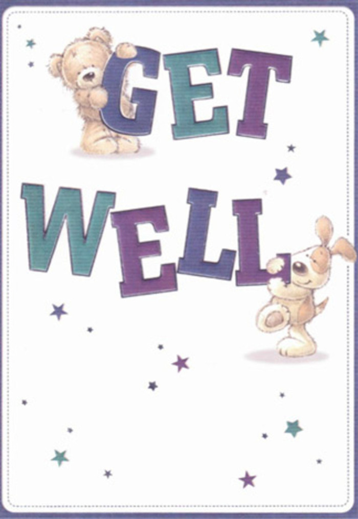 This card beautifully embodies gentle encouragement, illustrated through the charming duo of a lovable bear and a joyful puppy surrounded by a flurry of starlit wishes. Their playful presence and the confident sweep of oversized letters-painted in deep aquas and lively purples-create a mood of upbeat reassurance, perfect for brightening a recovery day in Holborn's bustling neighbourhoods. The textural detail is palpable: the bear's plush fur and the puppy's velvety ears seem almost tangible, mirroring the tactile pleasure of holding a skillfully arranged bouquet from a local Holborn florist. Picture sending this card alongside a selection of fresh blooms, their combined spirit radiating hope and affection for friends or family along Chancery Lane or Theobalds Road. The airy lightness of the background, with its playful sparkle of stars, sets a tone of healing optimism, suitable for all ages and ideal for sharing heartfelt support throughout the community.