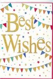 The "Best Wishes" card depicted here carries the atmosphere of a light-hearted celebration, the sort of thoughtful gesture you might send with flowers to a friend working near Holborn Circus. The base of the card is a sharp, clean white, creating a bright background that lets every detail of colour and shine stand out. Centred on this backdrop, the phrase "Best Wishes" appears in looping gold script, the lines bold and graceful. The lettering looks gently raised, suggesting a foil or glitter finish that would shimmer softly under office lighting or on a windowsill overlooking High Holborn. Embracing this golden message are delicate curves of bunting, one arc above and another below, reminiscent of festive flags strung between buildings for a neighbourhood event near Lincoln's Inn Fields. Each bunting flag is a small triangle in vivid hues-scarlet, cobalt, lime, mustard, violet, and turquoise-with some flags patterned in stripes or dots, while others remain simple and solid. Their varied designs lend the impression that the decorations were assembled piece by piece, adding a handcrafted charm to the card. Scattered across the white space are clusters of tiny stars and round confetti dots in the same bright colours, with a few subtle metallic touches that pick up the warmth of the gold lettering. The spaced-out pattern makes these details feel as though they are drifting or falling, caught at a single joyful moment rather than lying static. The overall feeling is one of positive anticipation and warm support, perfect for congratulating someone on passing exams, starting a new position in one of Holborn's many firms, or celebrating any personal milestone. Paired with a vibrant arrangement from Florist Holborn, this card would complete a heartfelt, celebratory gift.