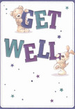 The cheerful design of this get well card beams with warmth and optimism, two delightful characters-a teddy bear and a floppy-eared puppy-seeming to leap from the card with joy. Together, they playfully cradle the vibrant 'Get Well' lettering, each hue of indigo and teal boldly offset against a creamy, pristine background evocative of Holborn's welcoming charm. Star-shaped accents, twinkling in blues and purples, infuse the scene with a magical sense of possibility and hope. The skillfully illustrated fur of both animals appears so soft, one can almost sense their comforting embrace-much like receiving a thoughtful bouquet from Florist Holborn. This card brings more than just words of encouragement; it offers a tender emotional gift, perfect for sending genuine comfort and a touch of local warmth to someone on the road to recovery.