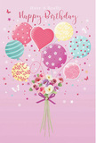 In this gently festive birthday scene, a cluster of pastel balloons and a dainty bouquet come together to create the feeling of a small celebration floating above Holborn's lively streets. The background is a soft, rose-tinted pink, calm and even, like the inside of a beautifully crafted card. At the top, several balloons in shades of blush, mint, lemon and lilac gather loosely, overlapping just enough to suggest depth without crowding. Each balloon is embellished in a unique way: some are wrapped in curving candy stripes, others are dotted with cheerful polka spots, and a few display delicate floral motifs, evoking the charm of hand-drawn illustrations. A heart-shaped balloon occupies the middle of the cluster, its deeper pink hue making it the emotional focal point of the design, subtly conveying love and appreciation. Silken strings drop from the balloons down to a compact hand-tied bouquet at the base. Here, small roses and anemone-like flowers bloom in creamy ivory, blush pink and soft mauve, their overlapping petals depicted with careful shading to imply softness and fullness. Small touches of greenery peek through, hinting at freshness, as if the stems were just arranged by a florist near Gray's Inn Road. A bright purple satin bow binds the stems, its sheen catching the light so it almost appears to shimmer, like ribbon on a carefully wrapped birthday parcel. Around the arrangement, tiny butterflies and scattered, starry specks float, adding a sense of whimsy and lightness. Overall, the composition feels airy, sweet and quietly celebratory-a perfect visual companion to a birthday bouquet delivered across Holborn, from the legal quarter to the nearby garden squares.