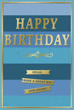 Imagine a stylish birthday card resting on a windowsill overlooking Holborn's busy streets, its blue and gold design offering a calm counterpoint to the city outside. The card's background is a sequence of wide, horizontal bands of blue, stepping softly from rich navy at the top to gentler teal and sky hues lower down, creating a soothing ombre effect like fading daylight over the nearby legal quarter. At the heart of the card, the words "HAPPY BIRTHDAY" are embossed in broad, metallic gold capitals that gleam subtly when light touches them. The lettering is strong but not overbearing, set against the matte blue surface so that it feels refined and inviting. Immediately beneath this central greeting, a delicate golden flourish sweeps in a graceful curve, adding a touch of old-world charm, as if nodding to traditional stationery found in a long-established Holborn shop. Below, three elongated golden banners are carefully stacked, each one bearing part of the friendly instruction: "Relax, have a great day and enjoy!" Their reflective gold finish offers a pleasing contrast in texture and tone. A slim gold border outlines the entire design, giving the card a framed, polished look. The impression is of a well-balanced, gently luxurious birthday card, ideally matched with a hand-delivered bouquet from Florist Holborn arriving at an office near High Holborn or a flat around Bloomsbury. Together, the card and flowers would transform an everyday corner into a small celebration, inviting the recipient to step out of the rush, feel appreciated, and savour a moment of personal joy on their birthday.